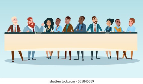 Business People Group Executives Team with Banner Board Copy Space Flat Vector Illustration