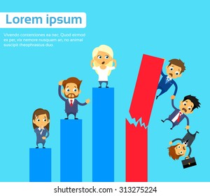 Business People Group Fall Down Financial Bar Chart Crisis Concept Flat Vector Illustration