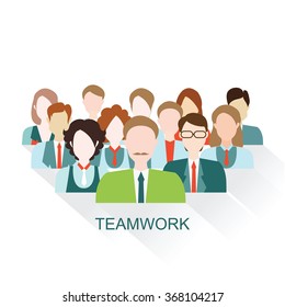 Business People group in flat style. Different male and female faces in office team. Vector illustration.