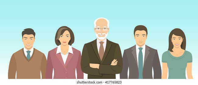 Business people group flat vector illustration. Successful team of young ambitious Asian men and women in suits with a leader. Office staff employment concept. New start up