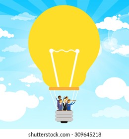 Business People Group Fly Air Balloon Light Bulb Idea Concept Vector Illustration