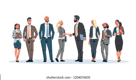 business people group hand shake agreement communicating concept businessmen women team leader meeting male female cartoon character isolated full length horizontal banner flat vector illustration