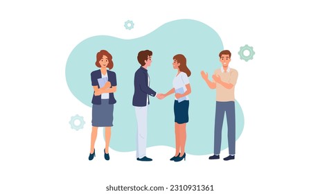 Business people group handshake agreement communicating concept businessmen women team meeting male female character. Successful negotiations, Relationship, Partners meeting. Flat vector illustration.