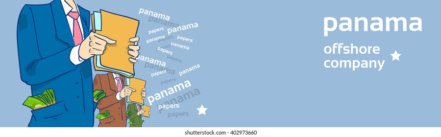 Business People Group Hold Panama Papers Document Offshore Company Folder Flat Banner Vector Illustration