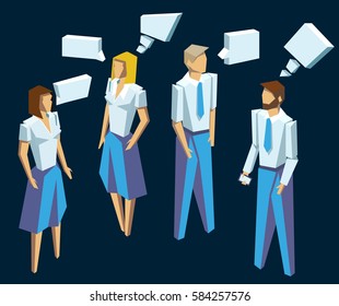 Business People Group Human Resources Low Poly Vector Isolated Illustration On White Background. Blank Empty White Speech Bubbles