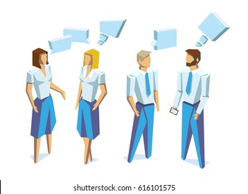 Business People Group Human Resources Low Poly Vector Isolated Illustration On White Background. Blank Empty White Speech Bubbles