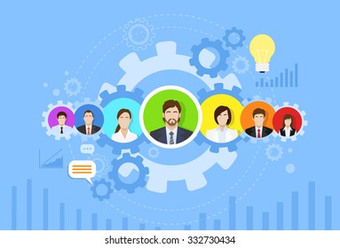 Business People Group Icon Cog Wheel Banner Concept Teamwork Infographic Flat Design Vector