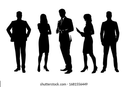 Business people, group of isolated vector silhouettes. Standing business men and women