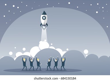 Business People Group Looking At Launching Space Ship New Stratup Strategy Development Concept Vector Illustration