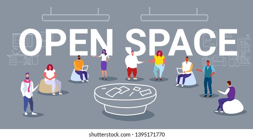 business people group meeting conference colleagues working together open space office workplace co-working center modern workspace businesspeople teamwork concept sketch horizontal banner