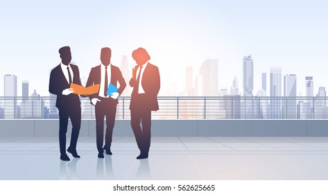 Business People Group Meeting Silhouettes Over City Landscape Modern Office Buildings Vector Illustration