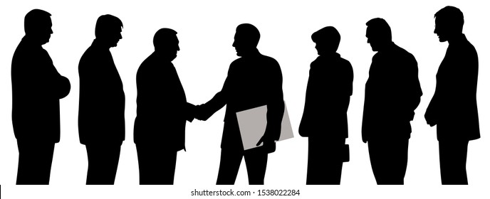 Business people group at a meeting with two businessmen shaking hands and one of them holding folder with contract