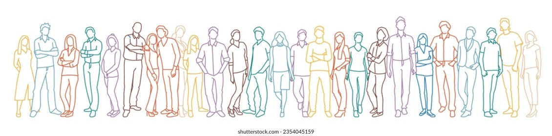 Business people group in office clothes. Multinational team. Hand drawn vector illustration.