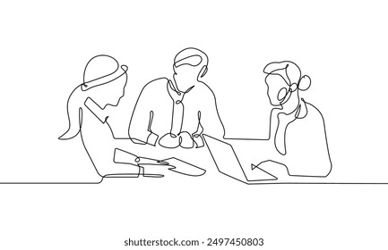 Grupo de Personas de negocios en el dibujo de arte de línea de moda de oficina. Líneas negras minimalistas del concepto del negocio que dibujan en el fondo blanco. Trabajadores de Diseño Moderno. Vector EPS 10	