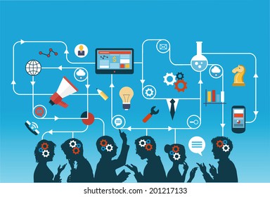 Business people group over conceptual. Silhouettes of people on a background of business icons. Mind Map Team.