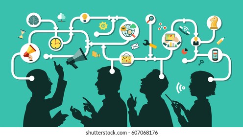 Business people group over conceptual. Silhouettes of people on a background of business icons. Partnership. Mind Map Team. 