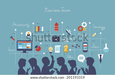 Business people group over conceptual. Silhouettes of people on a background of business icons. Mind Map Team.
