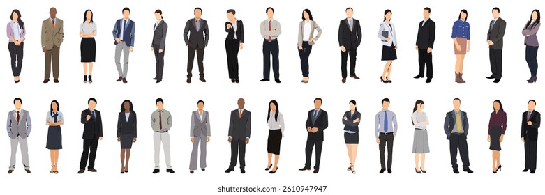 Business people group portrait. Corporate professional team, colleagues, office workers. Happy employees, company staff, standing together. Flat vector illustration isolated on white background
