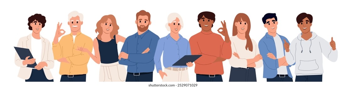 Retrato de grupo de personas de negocios. Hombres y mujeres, colegas unidos. Ilustración plana de Vector aislada sobre fondo blanco