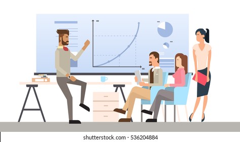 Business People Group Presentation Flip Chart Finance, Casual Businesspeople Team Training Conference Meeting Flat Vector Illustration