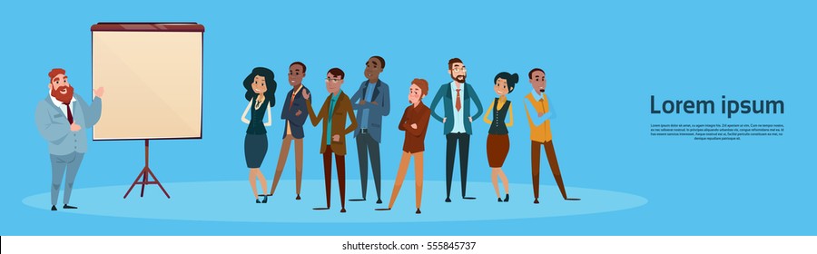 Business People Group Presentation Flip Chart, Businesspeople Team Training Conference Meeting Flat Vector Illustration