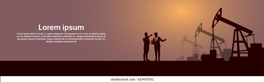 Business People Group Pumpjack Oil Rig Crane Platform Banner Flat Vector Illustration