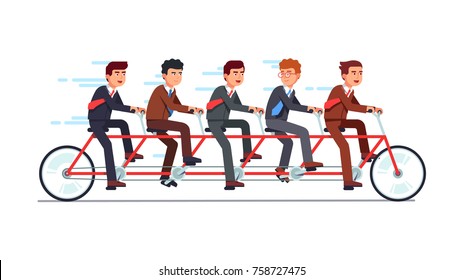 Business people group riding fast on five person tandem bicycle pushing pedals with good coordination. Successful businessman collective teamwork and cooperation concept. Flat vector illustration.