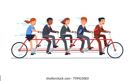 Business people group riding fast on five person tandem bicycle, man and woman in good coordination. Successful businessman collective teamwork cooperation concept. Flat vector illustration.