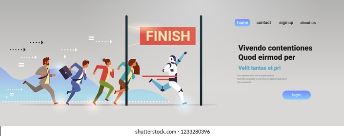 Business people group and robot competing run to finish line artificial intelligence technology win concept flat horizontal vector illustration