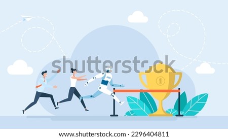 Business people group and robot competing run to finish line. Robot and human running competition together. AI win race finish first. Artificial intelligence and new technology. Vector illustration