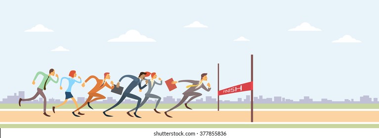 Business People Group Run To Finish Line Team Leader Competition Win Concept Flat Vector Illustration