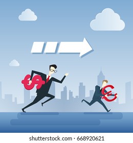 Business People Group Run Holding Dollar And Euro Sign Team Leader Under Arrow Competition Concept Flat Vector Illustration