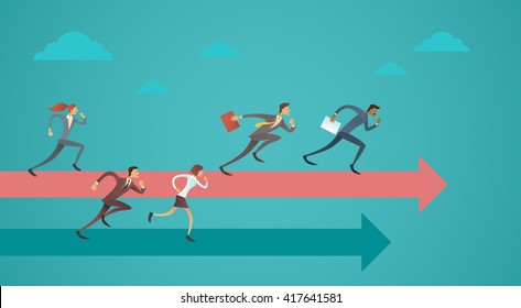 Business People Group Run Team Leader On Arrow Competition Concept Flat Vector Illustration