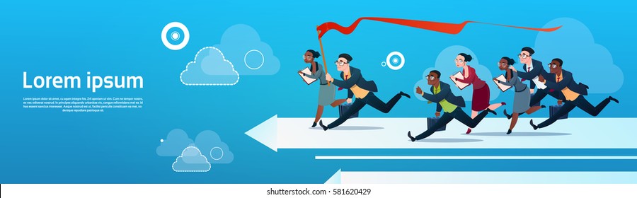 Business People Group Run Team On Arrow Competition Concept Flat Vector Illustration