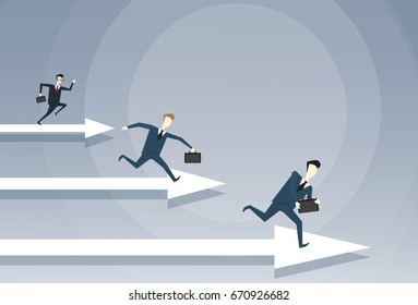 Business People Group Run Team Leader On Arrow Competition Concept Flat Vector Illustration