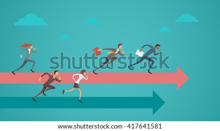 Business People Group Run Team Leader On Arrow Competition Concept Flat Vector Illustration