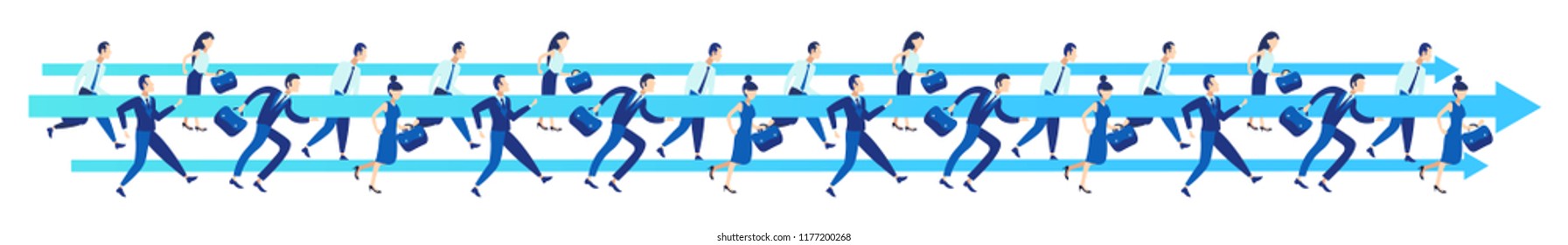 Business people group running team leader arrow competition businessmen women race concept harry up hardworking process flat horizontal banner isolated vector illustration