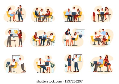 Business people group set on their workplace. Collection of office workers, concept of partnership, teamwork, collaboration.