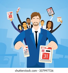 Business People Group Show Calendar Tablet Computer Digital Device Date 31 Last Day Month Year Deadline Flat Vector Illustration
