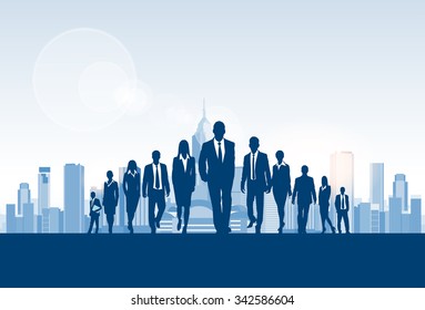 Business People Group Silhouette, Businesspeople Walk Forward City Modern Office Buildings Concept Blue Background Vector Illustration