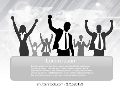 Business People Group Silhouette Excited Hold Hands Up Raised Arms, Businessman Concept Winner Success Copy Space Vector Illustration