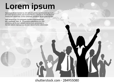 Business People Group Silhouette Excited Hold Hands Up Raised Arms, Businesswoman Concept Winner Success Copy Space Vector Illustration