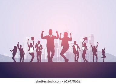 Business People Group Silhouette Excited Hold Hands Up Raised Arms, Businesspeople Concept Winner Success Vector Illustration