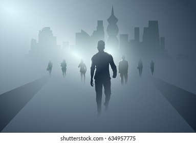 Business People Group Silhouette Making Step Forward Full Length Over Shadow City Background Vector Illustration