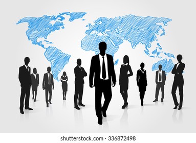 Business People Group Silhouette Over World Global Map Businesspeople International Team Walk Forward Vector Illustration