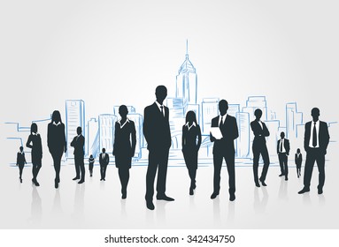 Business People Group Silhouettes Businesspeople Over City Landscape Modern Office Buildings, Vector Illustration