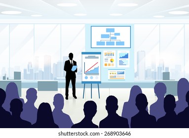 Siluetas de grupo de personas de negocios en el plano de rotación de la reunión de conferencia con ilustración del vector de gráfico