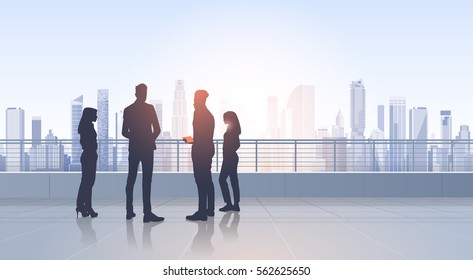 Business People Group Silhouettes Over City Landscape Modern Office Buildings Vector Illustration