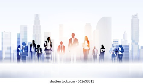 Business People Group Silhouettes Over City Landscape Modern Office Buildings Vector Illustration