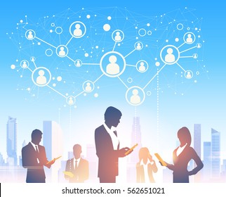 Business People Group Silhouettes Over City Landscape Modern Office Social Network Communication Vector Illustration